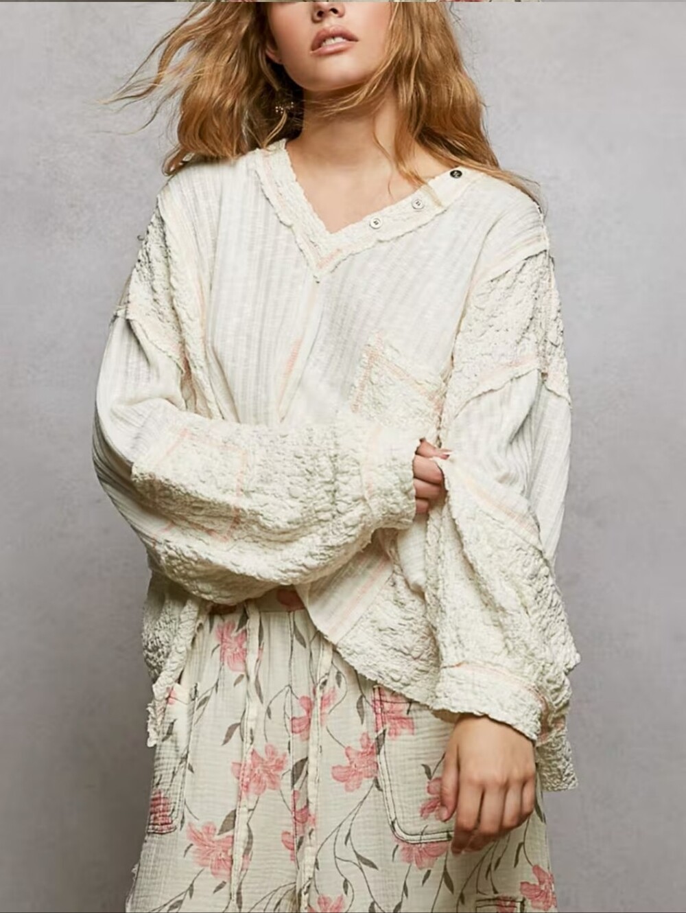 336.POL White Bohemian Textured Pullover Oversized Patchwork Top